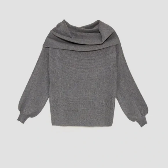 Zara Knit Off the Shoulder Grey Knit Sweater - Picture 2 of 4